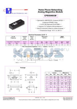 EPB5040GM datasheet - Home Phone Networking Analog Magnetics Module