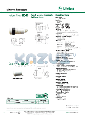 820 datasheet - Panel Mount, Shocksafe 5x20mm Fuses