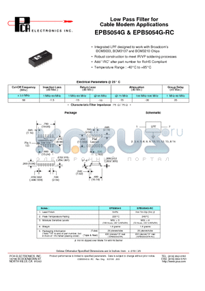 EPB5054G datasheet - Low Pass Filter for Cable Modem Applications