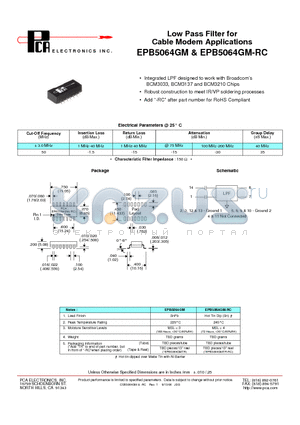 EPB5064GM datasheet - Low Pass Filter for Cable Modem Applications