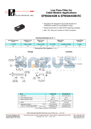 EPB5064GM-RC datasheet - Low Pass Filter for Cable Modem Applications