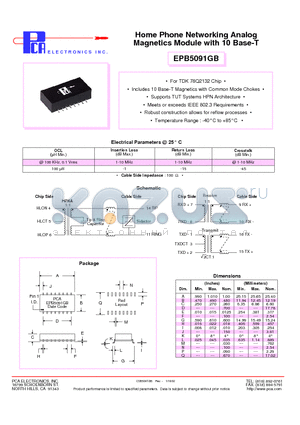 EPB5091GB datasheet - Home Phone Networking Analog Magnetics Module with 10 Base-T