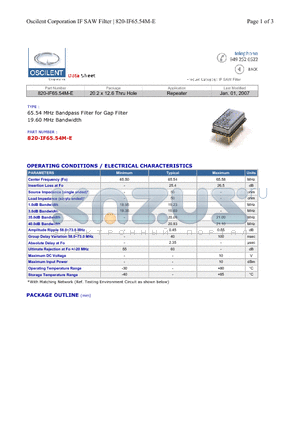 820-IF65.54M-E datasheet - 65.54 MHz Bandpass Filter for Gap Filter 19.60 MHz Bandwidth