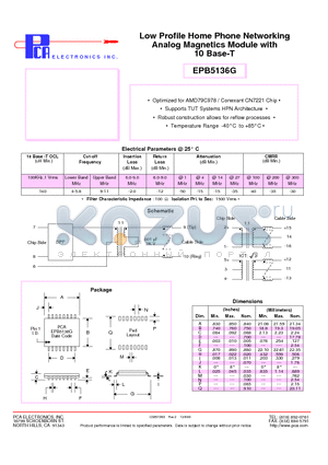EPB5136G datasheet - Low Profile Home Phone Networking Analog Magnetics Module with 10 Base-T