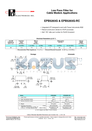 EPB5203G datasheet - Low Pass Filter for Cable Modem Applications