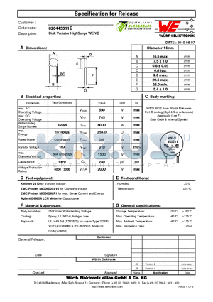 820445511E datasheet - Disk Varistor HighSurge WE-VD