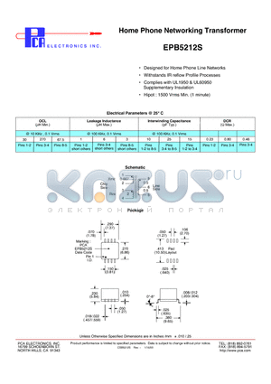 EPB5212S datasheet - Home Phone Networking Transformer