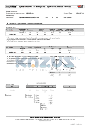 820453001 datasheet - Disk Varistor HighSurge WE-VD