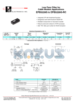 EPB5220G-RC datasheet - Low Pass Filter for Cable Modem Applications