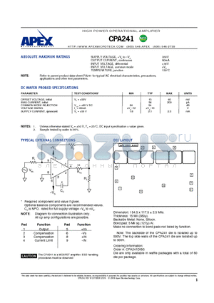 CPA241 datasheet - HIGH POWER OPERATIONAL AMPLIFIER