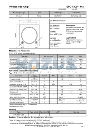 EPC-1300-1.0-3 datasheet - Photodiode-Chip