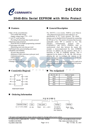 24LC02 datasheet - 2048-Bits Serial EEPROM with Write Protect