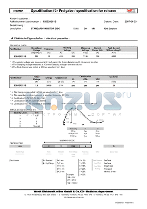 820524211B datasheet - STANDARD VARISTOR DISC