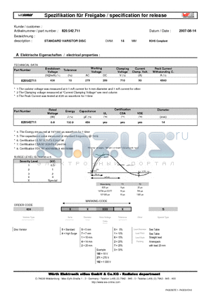 820542711 datasheet - STANDARD VARISTOR DISC