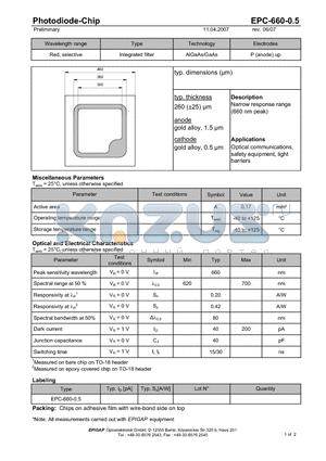 EPC-660-0.5 datasheet - Photodiode-Chip