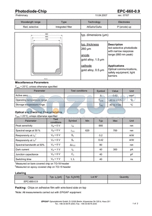 EPC-660-0.9 datasheet - Photodiode-Chip
