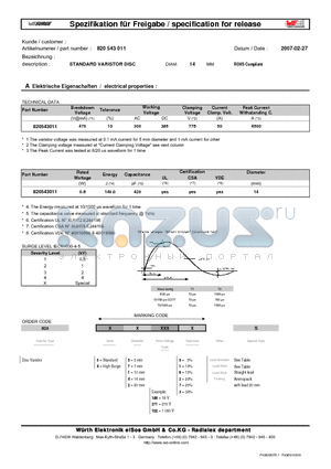 820543011 datasheet - STANDARD VARISTOR DISC