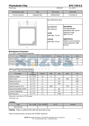 EPC-740-0.9 datasheet - Photodiode-Chip