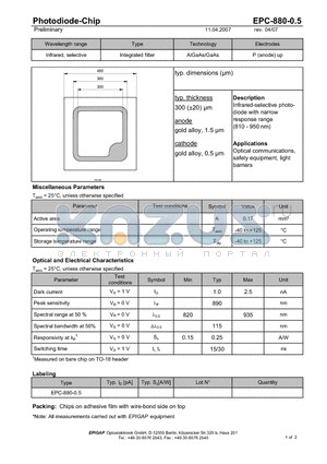 EPC-880-0.5 datasheet - Photodiode-Chip