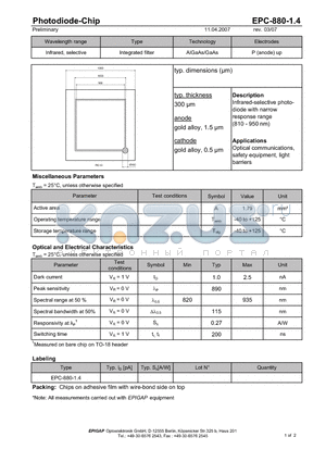 EPC-880-1.4 datasheet - Photodiode-Chip