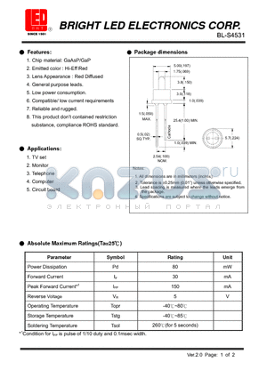 BL-S4531 datasheet - GaAsP/GaP Hi-Eff Red Low power consumption.