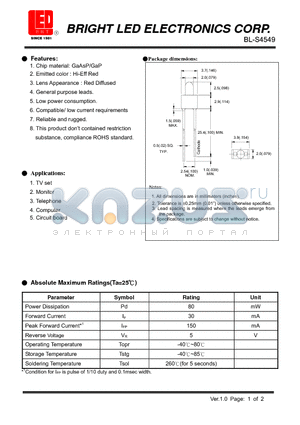 BL-S4549 datasheet - GaAsP/GaP Hi-Eff Red Low power consumption.