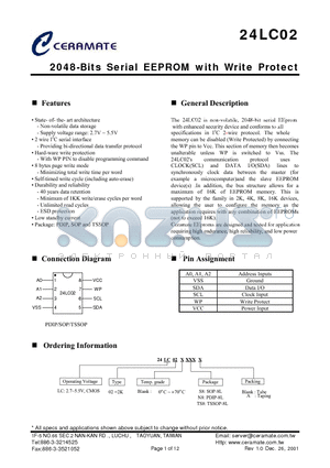 24LC02S8 datasheet - 2048-Bits Serial EEPROM with Write Protect