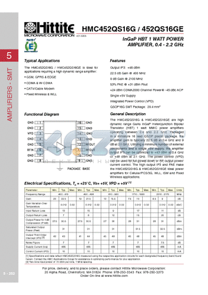452QS16GE datasheet - InGaP HBT 1 WATT POWER AMPLIFIER, 0.4 - 2.2 GHz