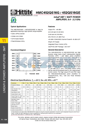 452QS16GE datasheet - InGaP HBT 1 WATT POWER AMPLIFIER, 0.4 - 2.2 GHz