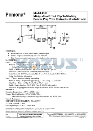 4538 datasheet - Minigrabber Test Clip To Stacking Banana Plug With Rectractile (Coiled) Cord