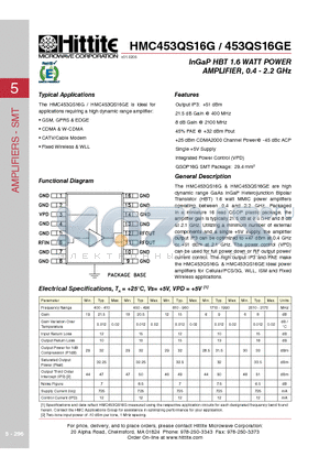 453QS16GE datasheet - InGaP HBT 1.6 WATT POWER AMPLIFIER, 0.4 - 2.2 GHz