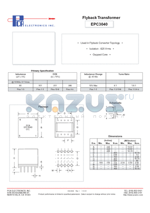 EPC3040 datasheet - Flyback Transformer