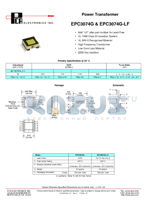 EPC3074G datasheet - Power Transformer