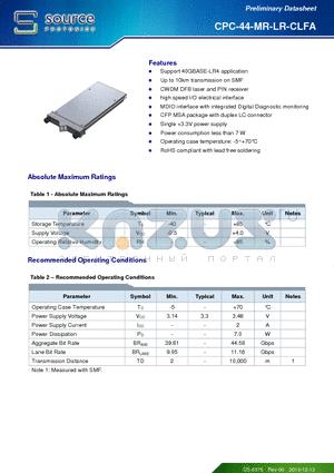 CPC-44-MR-LR-CLFA datasheet - Support 40GBASE-LR4 application