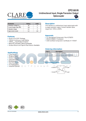 CPC1001N datasheet - Unidirectional Input, Single-Transistor Output Optocoupler