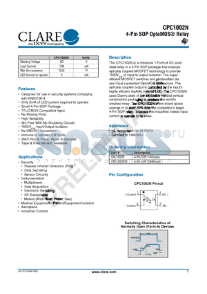 CPC1002N datasheet - 4-Pin SOP OptoMOS Relay