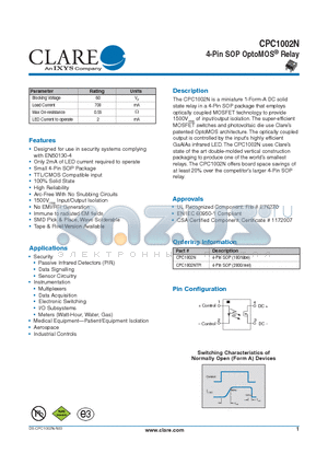 CPC1002NTR datasheet - 4-Pin SOP OptoMOS^ Relay