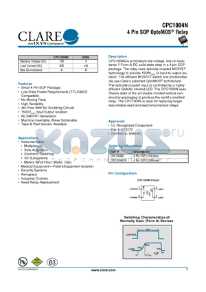 CPC1004N datasheet - 4 Pin SOP OptoMOS Relay