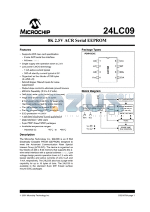24LC09TIP datasheet - 8K 2.5V ACR SERIAL EEPROM