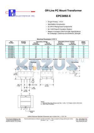 EPC3092-10 datasheet - Off-Line PC Mount Transformer