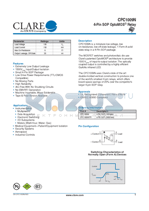 CPC1009NTR datasheet - 4-Pin SOP OptoMOS^ Relay