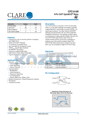 CPC1014N datasheet - 4-Pin SOP OptoMOS^ Relay