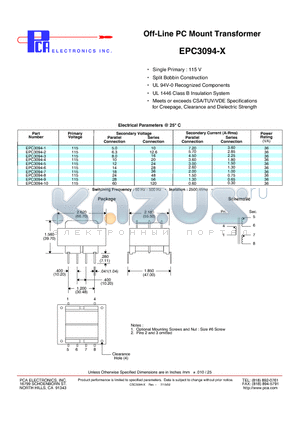 EPC3094-1 datasheet - Off-Line PC Mount Transformer