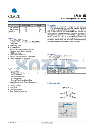 CPC1016N datasheet - 4 Pin SOP OptoMOS Relay
