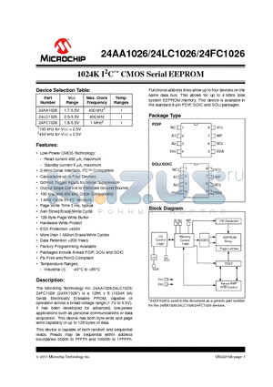 24LC1026T datasheet - 1024K I2C CMOS Serial EEPROM 100 kHz and 400 kHz Clock Compatibility