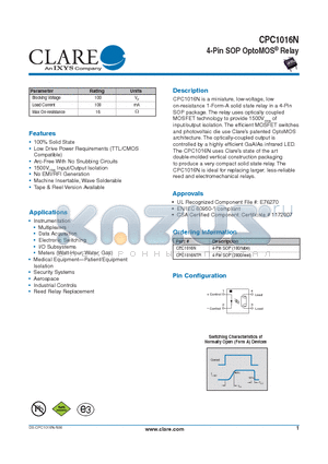 CPC1016NTR datasheet - 4-Pin SOP OptoMOS^ Relay