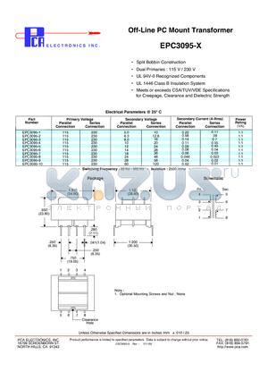 EPC3095-1 datasheet - Off-Line PC Mount Transformer