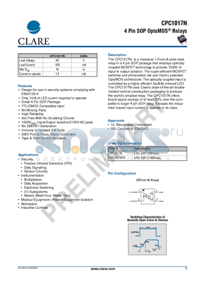 CPC1017 datasheet - 4 Pin SOP OptoMOS Relays