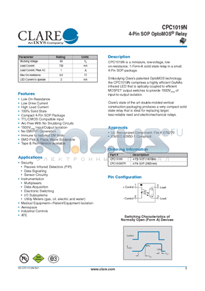 CPC1019N datasheet - 4-Pin SOP OptoMOS^ Relay