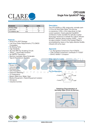 CPC1020NTR datasheet - Single Pole OptoMOS^ Relay
